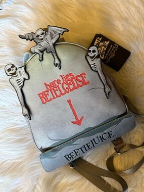 Loungefly Silver Beetlejuice 'Here Lies' Mini Backpack with Red Accent